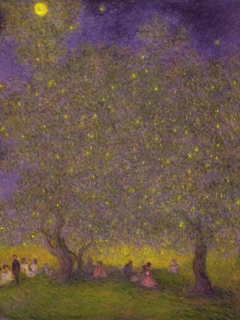 Prompt: gauzy impressionist painting of my backyard in the dark evening with an old apple tree with people! dancing in the moonlight and a cloud of fireflies, dark purplish cast, color oil painting by claude monet and piet mondrian, cosmic trending on artstation 8 k