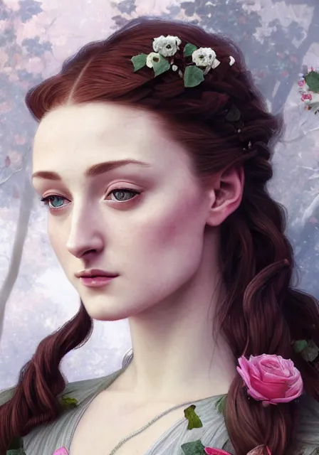 Image similar to portrait of sansa stark with roses in her long hair, intricate, elegant, highly detailed, digital painting, artstation, concept art, smooth, sharp focus, illustration, art by artgerm and greg rutkowski and alphonse mucha and william - adolphe bouguereau