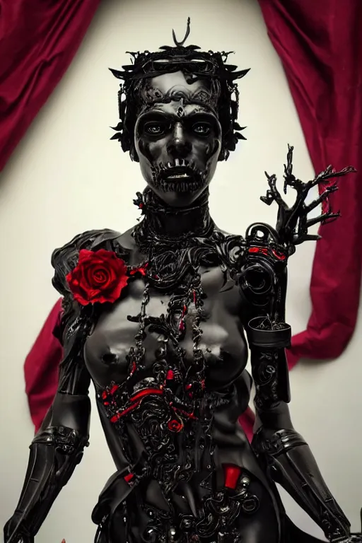 Image similar to full-body cyberpunk style sculpture of a young beautiful dark priestess, half android with a head opening exposing circuitry, glowing red eyes, black roses, flowing blood-red colored silk, fabric, candles. baroque elements, human skulls. full-length view. baroque element. intricate artwork by Caravaggio. crows flying in background. Trending on artstation, cinematic lighting from the right, hyper realism, octane render, 8k, depth of field, 3D