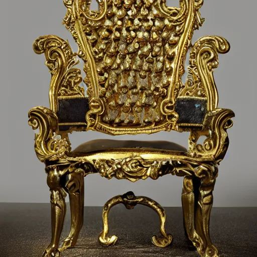 Image similar to photo of a barock chair with gold ans ornament, 8k , hyperrealistic details