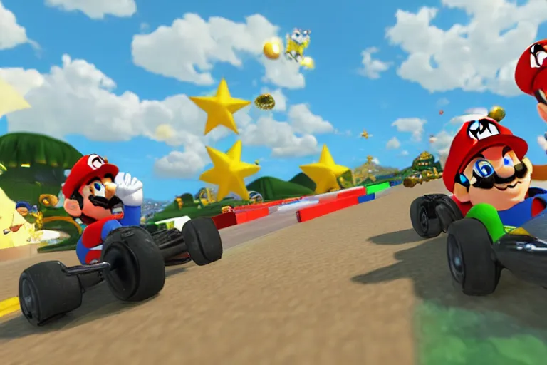 Image similar to mario kart at normandy beach, 1 9 4 5, ingame screenshot, highly detailed