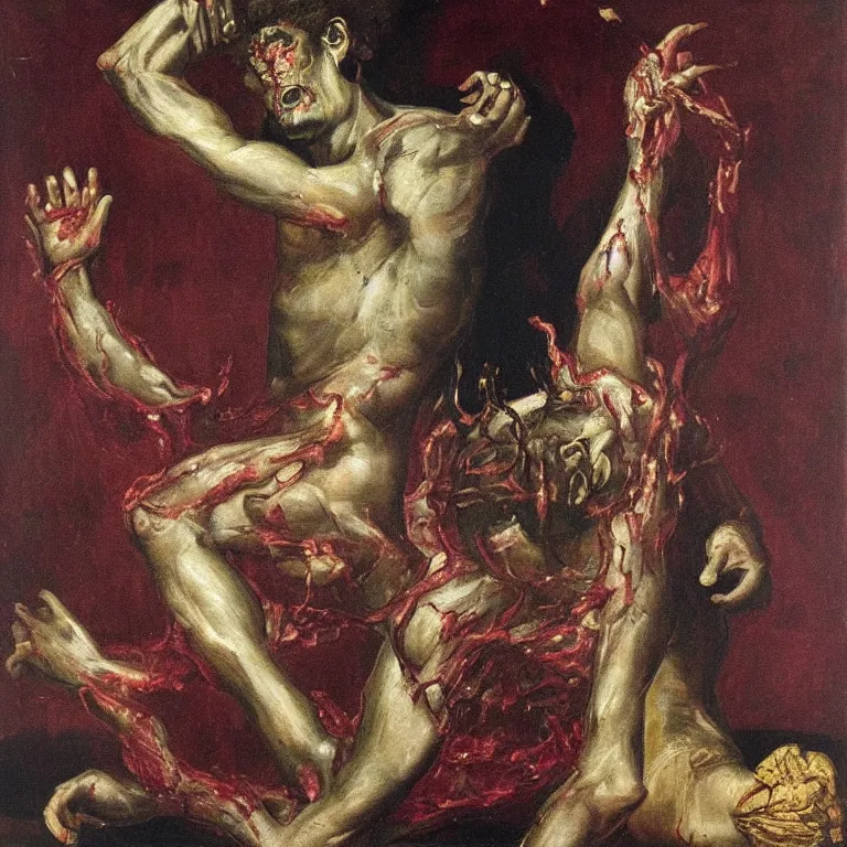 Image similar to raw, unsettling portrait of Dionysus, the Greek god of wine, tearing out his heart by 20th-century artist Francis Bacon