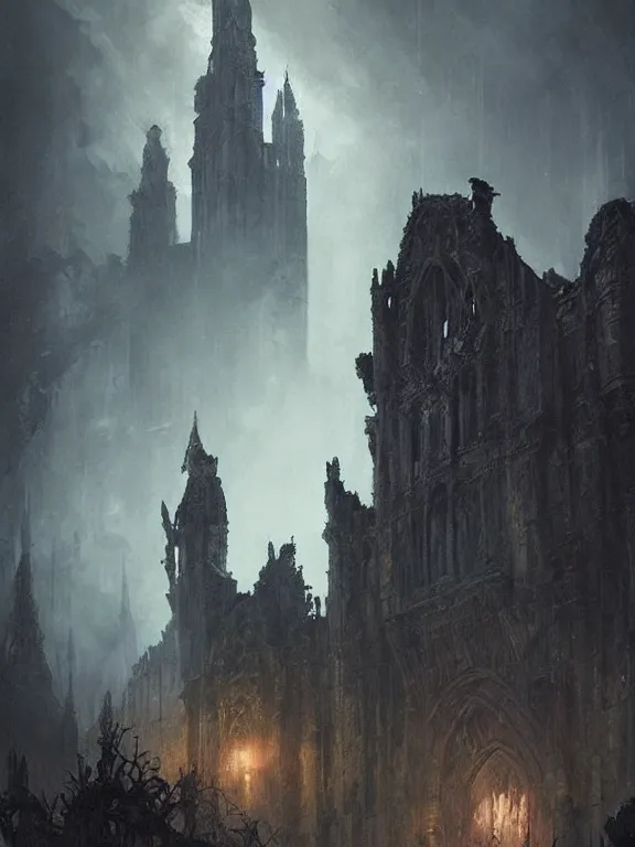 Prompt: a gothic ruins,by James Paick,Greg Rutkowski,aaron horkey,trending on pinterest,Blade Runner 2049,luxury,mythological,ultra realistic,high detail,golden ratio,cinematic lighting,maximalist