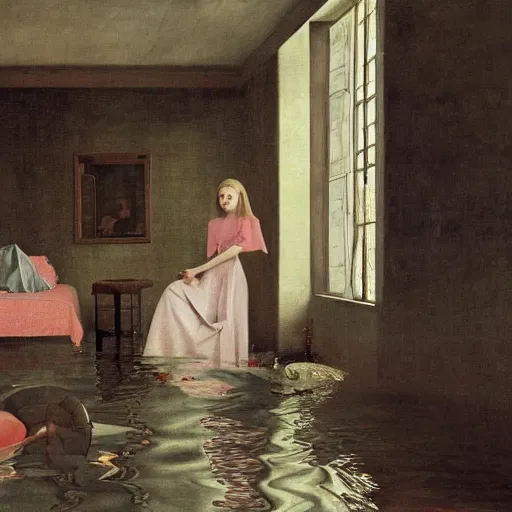 Image similar to painting of Elle Fanning in a flooded house interior, by Bosch