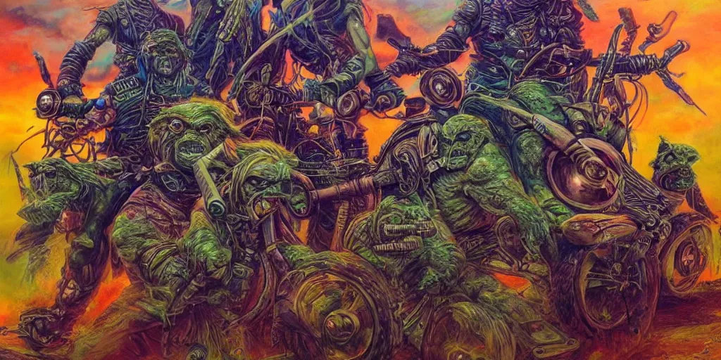 Image similar to psychedelic post apocalyptic orcish biker gang, sharp focus, psychedelic colors, boris vallejo, michael whelan, 8 k, elegant, intricate