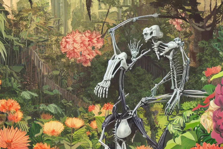 Image similar to 2 d gouache illustration, a lot of exotic vegetation, trees, tremendous skeletal robotic ancient gigantic cat, flowers, oldschool vintage sci - fi flat surreal design, super - detailed, painting by satoshi kon, hd, 4 k, high quality