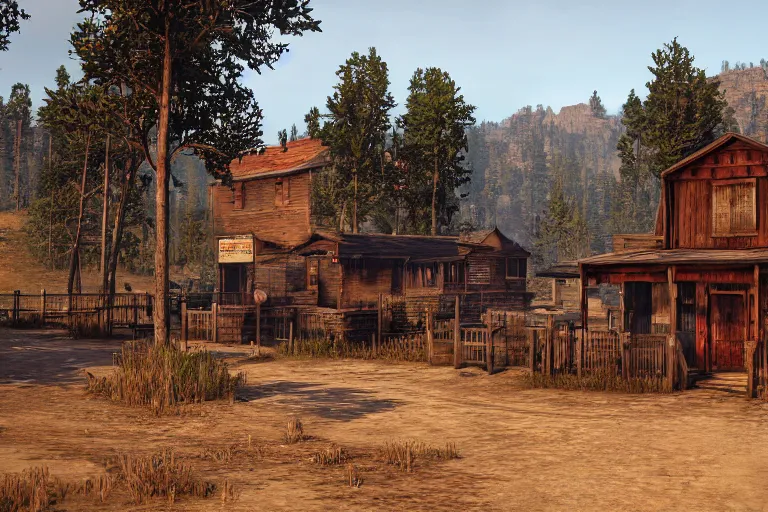 Prompt: A beautiful photo of a Red Dead Redemption town by Ivan Shishkin, 3D render