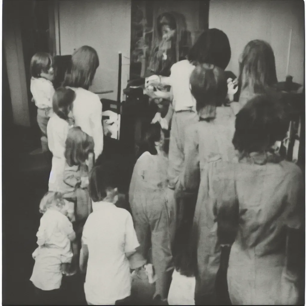 Prompt: A blond child from behind is standing in front of a female speech therapist with short black hair. 1973. Polaroid.