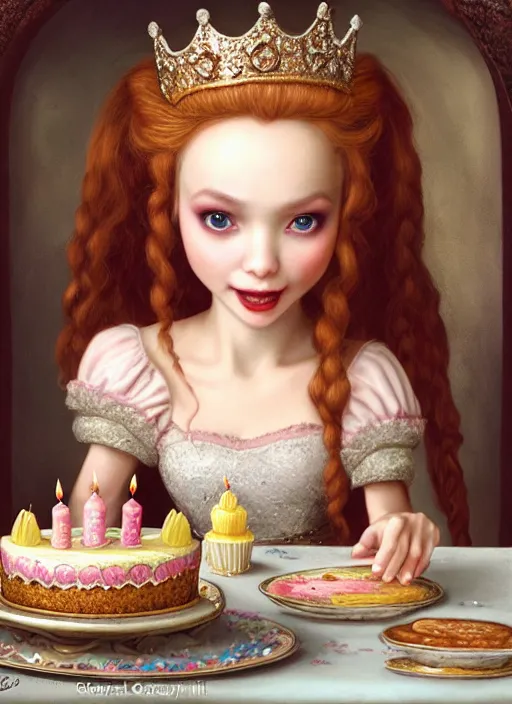 Image similar to highly detailed closeup portrait of a grinning fairytale medieval princess eating birthday cake, unreal engine, nicoletta ceccoli, mark ryden, lostfish, earl norem, global illumination, god rays, detailed and intricate environment