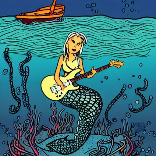 Prompt: illustration of a mermaid playing an stratocaster electric guitar, under the sea, by Bill Watterson