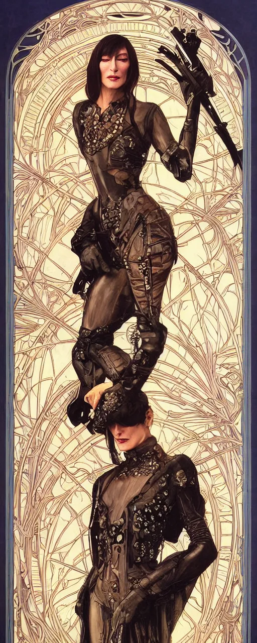 Image similar to beautiful enticing cyberpunk art nouveau style portrait of anjelica huston as a chic street soldier by olivia de bernardinis, moebius, chris achilleos and alphonse mucha, photorealism, extremely hyperdetailed, perfect symmetrical facial features, perfect anatomy, ornate declotage, latex, weapon, high technical detail, confident expression, wry smile