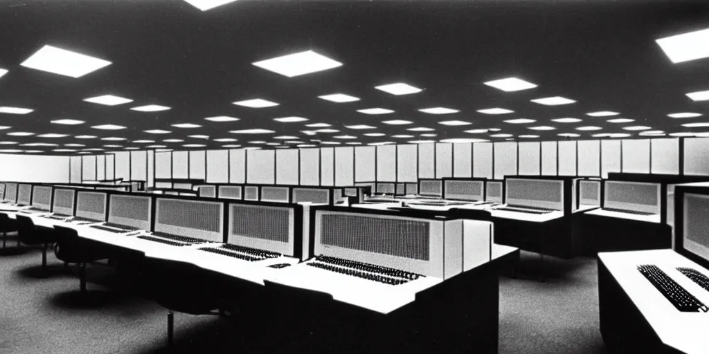 Image similar to a large 1970's computing room with 9-track machines and glowing screens. by IBM by Amdahl.