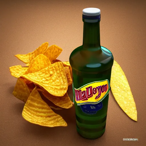 Prompt: bag of chips with malort bottle design, jeppson's malort, malort bottle, hd render, realistic