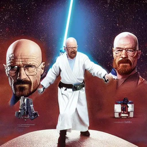 Image similar to realistic photo of walter white as a jedi from star wars, using jedi clothes and with a lightsaber
