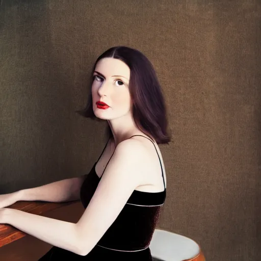 Image similar to Kodachrome long shot photograph of tall pale young woman wearing velvet black dress with thin straps with pinned-back brown hair, looking to the side, leaning on a table, holding dress in a bunch. 8k Photograph. TIME Magazine. Hyperrealistic. Adobe Lightroom.