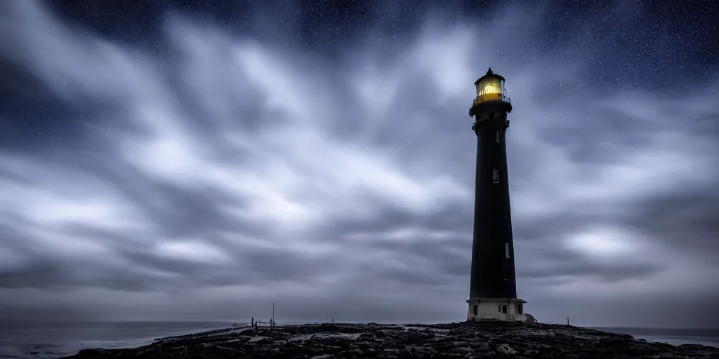 Prompt: the lighthouse at the end of the world, night, epic clouds, atmospheric, big waves crashing