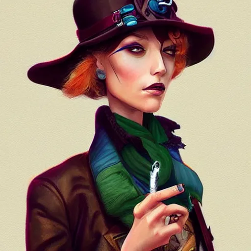 Image similar to a beautiful woman with a cigarette as a steampunk bandit, pixar cute, highly detailed, sharp focus, digital painting, art by martine johanna + joe jusko