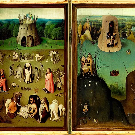 Image similar to standing bear in the foreground, forest in the background, hieronymus bosch