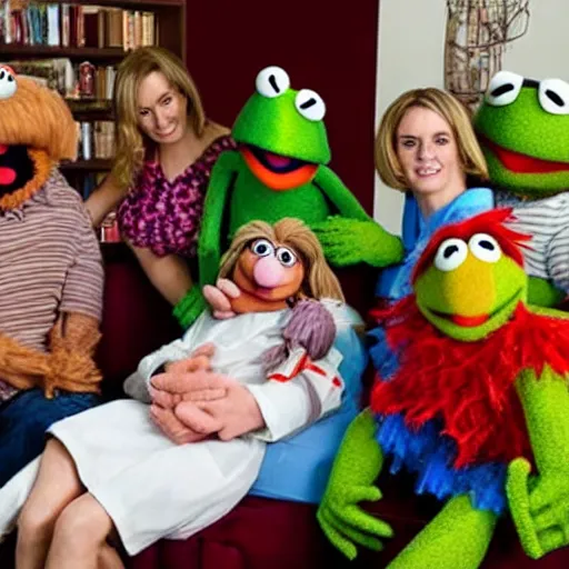 Image similar to a muppet in a coma, surrounded by family and friends