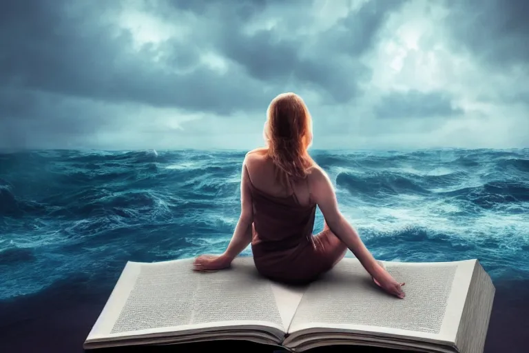 Image similar to A beautiful woman sitting on a giant open book in the middle of the ocean during a storm, dramatic lighting, cinematic, 8k HDR, highly detailed, high quality, octane render, unreal engine 5, path tracing, turbulent sea, concept art, trending on Artstation, dramatic scene