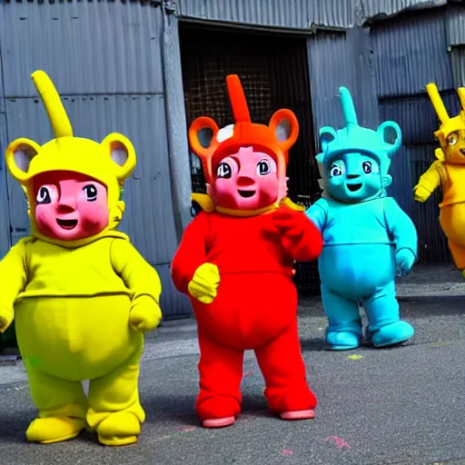 Prompt: anime style Teletubbies as construction workers in a site