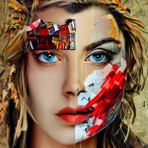 Prompt: Roman Goddess, contemporary collage, highly detailed, digital painting, 4k, HDR, fashion, smooth, sharp focus, art by Sandra Chevrier