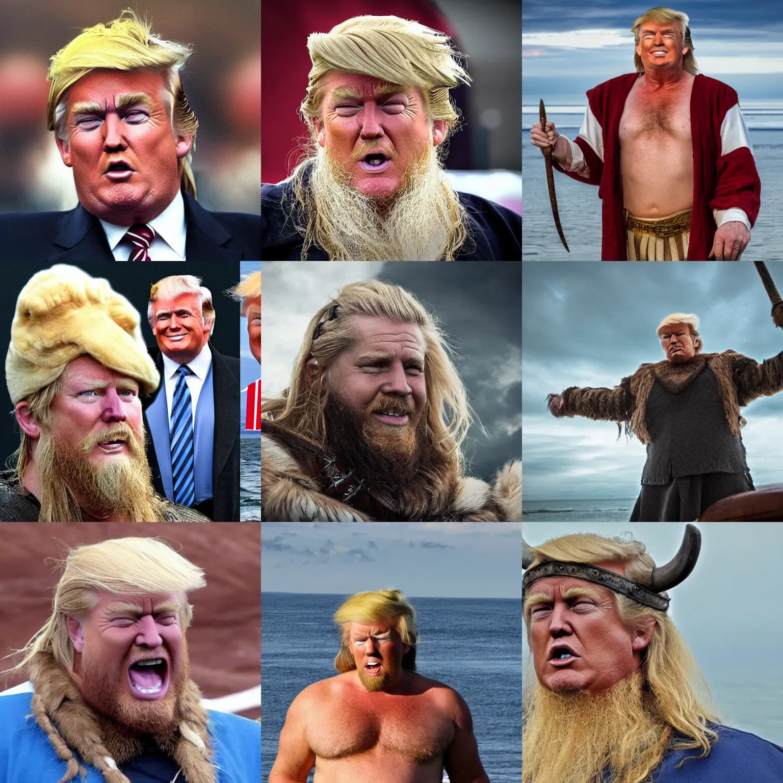 Prompt: a viking looking like donald trump on sea