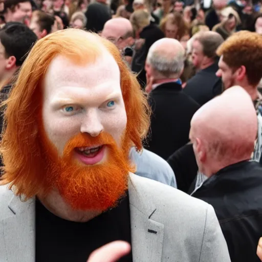 Prompt: a 7 foot tall, ginger, balding man walking among the crowd