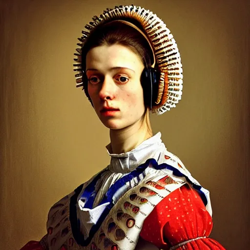 Image similar to Colour Caravaggio style Photography of Highly detailed beautiful Woman with 1000 years perfect face and wearing detailed Ukrainian folk costume designed by Taras Shevchenko also wearing highly detailed retrofuturistic headset designed by Josan Gonzalez. Many details In style of Josan Gonzalez and Mike Winkelmann and andgreg rutkowski and alphonse muchaand and Caspar David Friedrich and Stephen Hickman and James Gurney and Hiromasa Ogura. Rendered in Blender and Octane Render volumetric natural light