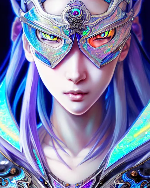 Image similar to anime portrait of an iridescent opal cyborg kunoichi, intricate ornate details, fantasy, elegant, highly detailed, digital painting, artstation, concept art, smooth, sharp focus, illustration, artbook, splash art, promo art, soul calibur, league of legends, art by artgerm and greg rutkowski and bo chen and jin xiaodi