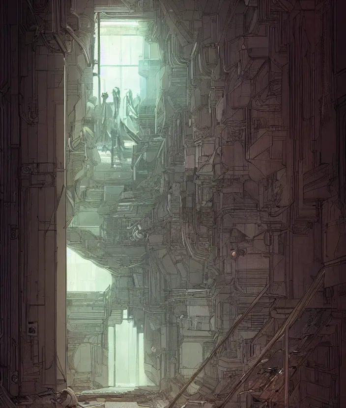 Image similar to a door at the end of a long dark staircase and corridor by beeple and kim jung gi, cyberpunk, trending on artstation