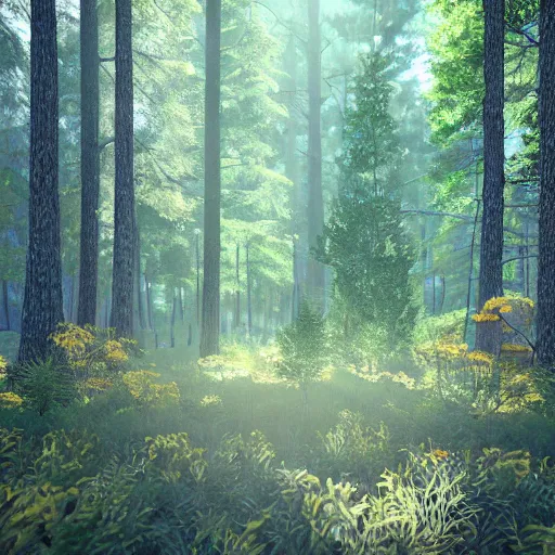 Prompt: a dense forest, brush and flowers on the forest floor, pine and spruce trees. Lighting, thick, painted, nvidia demo, point of view, dark, rays of light peeking through the leaves, symmetrical, detail.