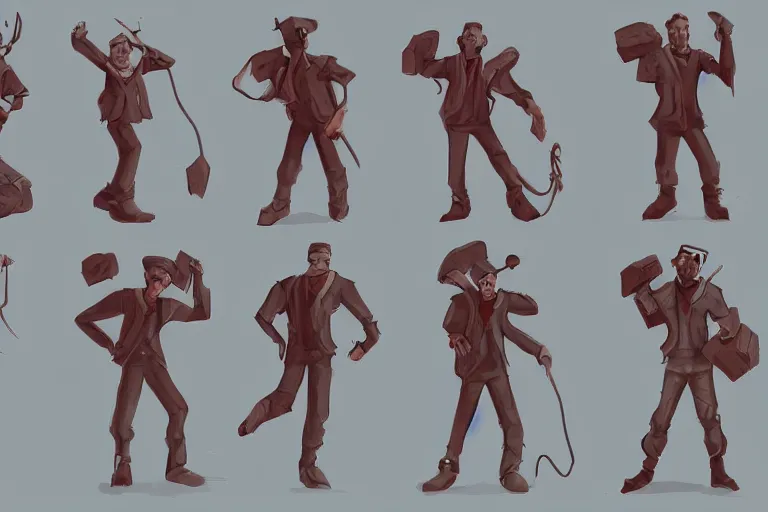 Image similar to walking animation frames of a man, video game concept art.