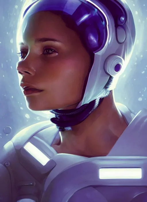 Image similar to Zoe Kravitz with short hair as a futuristic astronaut, helmet with led lights, underwater in the ocean at night, clear water, volumetric lighting, glowing lights, 4k, octane, digital painting, artstation, concept art, sharp focus, illustration, art by artgerm and greg rutkowski and alphonse mucha , wide angle view,