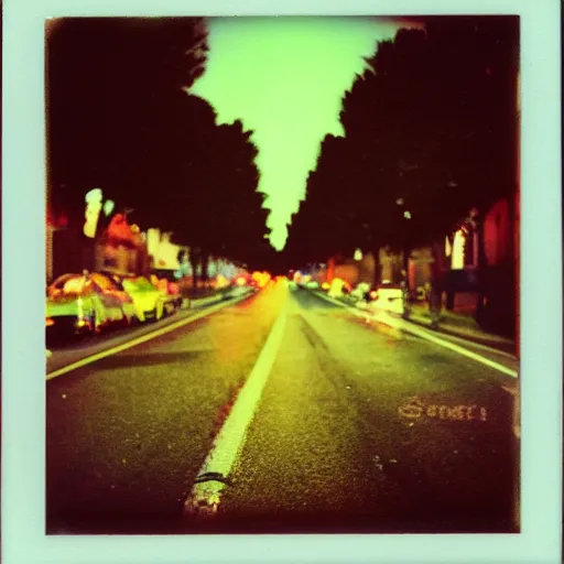 Image similar to colorful instant photograph of the middle of the street at night, polaroid, light leak, raw, nostalgic