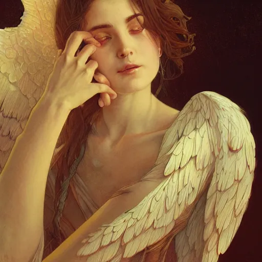 Image similar to portrait of a fallen angel with fading wings, intricate, headshot, highly detailed, digital painting, artstation, concept art, sharp focus, cinematic lighting, illustration, art by artgerm and greg rutkowski, alphonse mucha, cgsociety