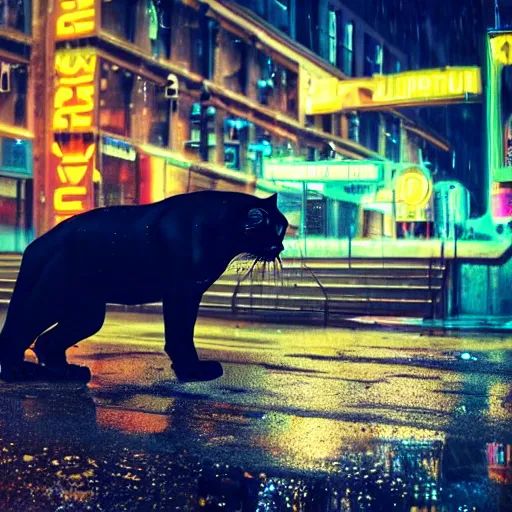 Image similar to a high quality low wide angle photo of a panther on the streets of a cyberpunk city, rainy, reflective ground, neon lights, realism, 8k