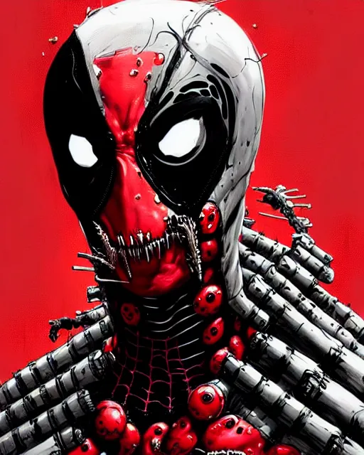 Image similar to highly detailed closeup portrait of a cyborg carnage symbiote in deadpool suit with carnages face, by greg rutkowski, by greg tocchini, by james gilleard, by kaethe butcher, gradient in red, black, crimson and grey color scheme,'grunge aesthetic '!!!