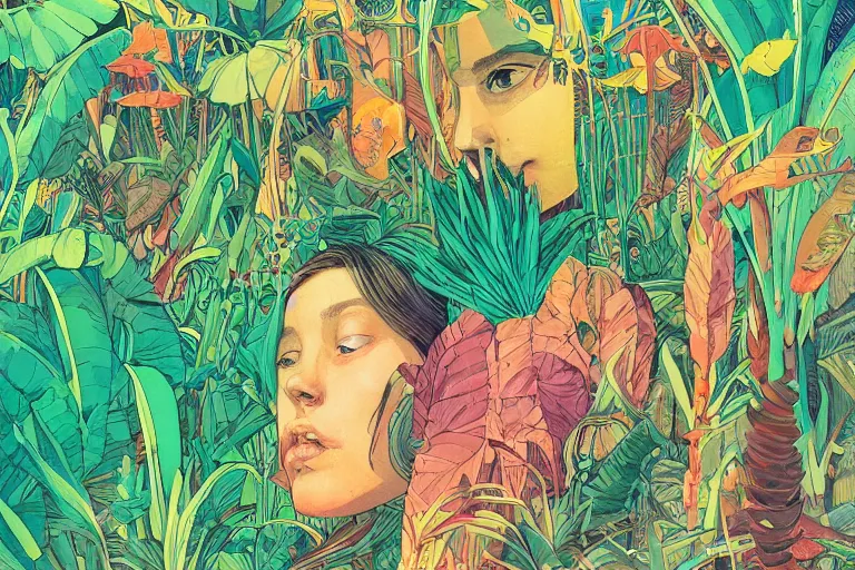 Image similar to gigantic girl faces, tiny robots, a lot of exotic vegetation around, risograph!, colorful flat surreal design, super - detailed, a lot of tiny details, fullshot, painting by luigi serafini and moebius