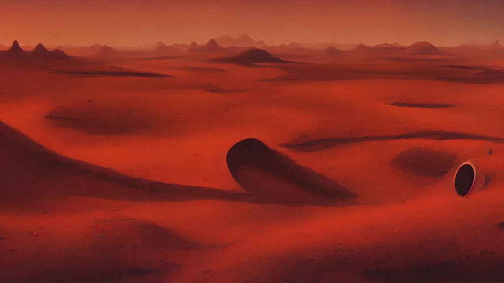 Image similar to otherworldly atmosphere of an alien red desert planet by arthur haas and bruce pennington and john schoenherr, cinematic matte painting, zaha hadid structure, 8 k dark moody colors