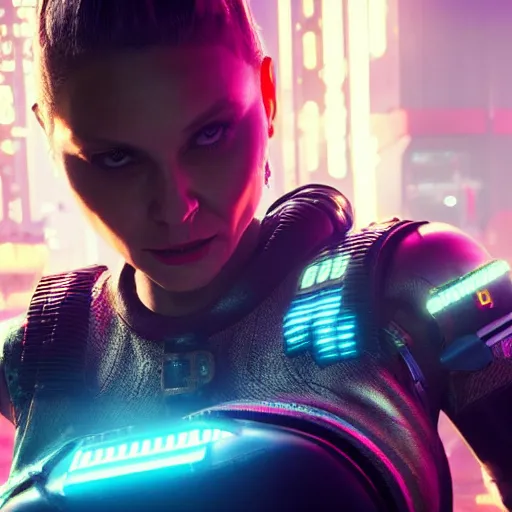 Prompt: myanna buring in cyberpunk 2 0 7 7, unreal engine 5 4 k, hyperdetailed photorealism