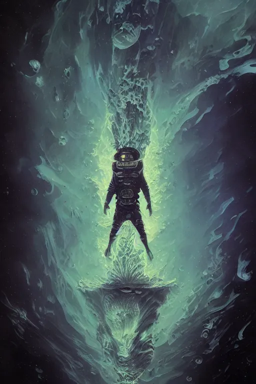 Image similar to close up shot of a full body floating astronaut portrait water elemental, high contrast, james gurney, peter mohrbacher, mike mignola, black paper, mandelbulb fractal, trending on artstation, exquisite detail perfect, large brush strokes, intricate ink illustration, black background