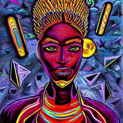 Image similar to afrofuturistic techno mage, dark fantasy, occult, high quality surrealist painting