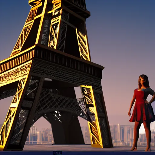Image similar to A young beautiful giantess the size of Eifel tower standing next to a small man, beautiful lighting,digital art , highly detailed , high contrast, beautiful lighting, award winning , trending on art station, 8k, photorealistic,unreal engine 5