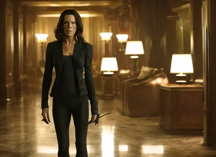 Image similar to film still of Kate Beckinsale as John Wick at the Continental Hotel in John Wick 2014, 4k