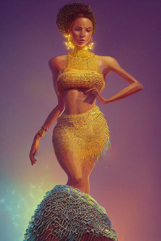 Prompt: portrait of cuban woman with skirt made out of bananas, dancing, intricate, elegant, glowing lights, highly detailed, digital painting, artstation, sharp focus, illustration, art by wlop, mars ravelo and greg rutkowski