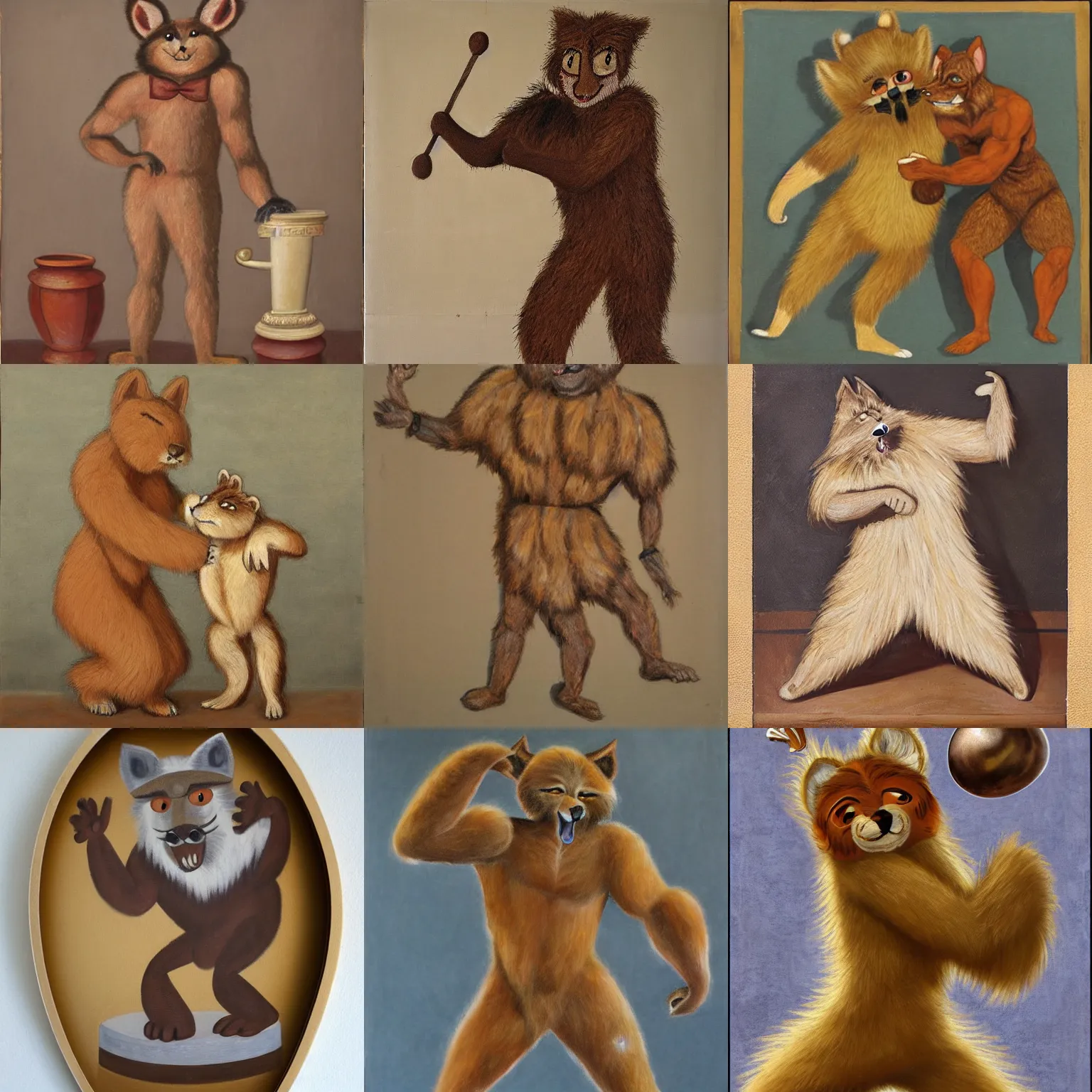 Prompt: furry anthropomorphic character, brown beige fur, wrestling, greek urn painting