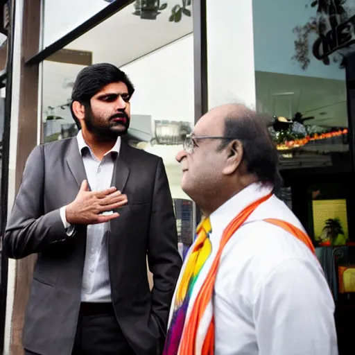 Image similar to portrait of tall indian man in a suit arguing with danny devito outside a bar, photo