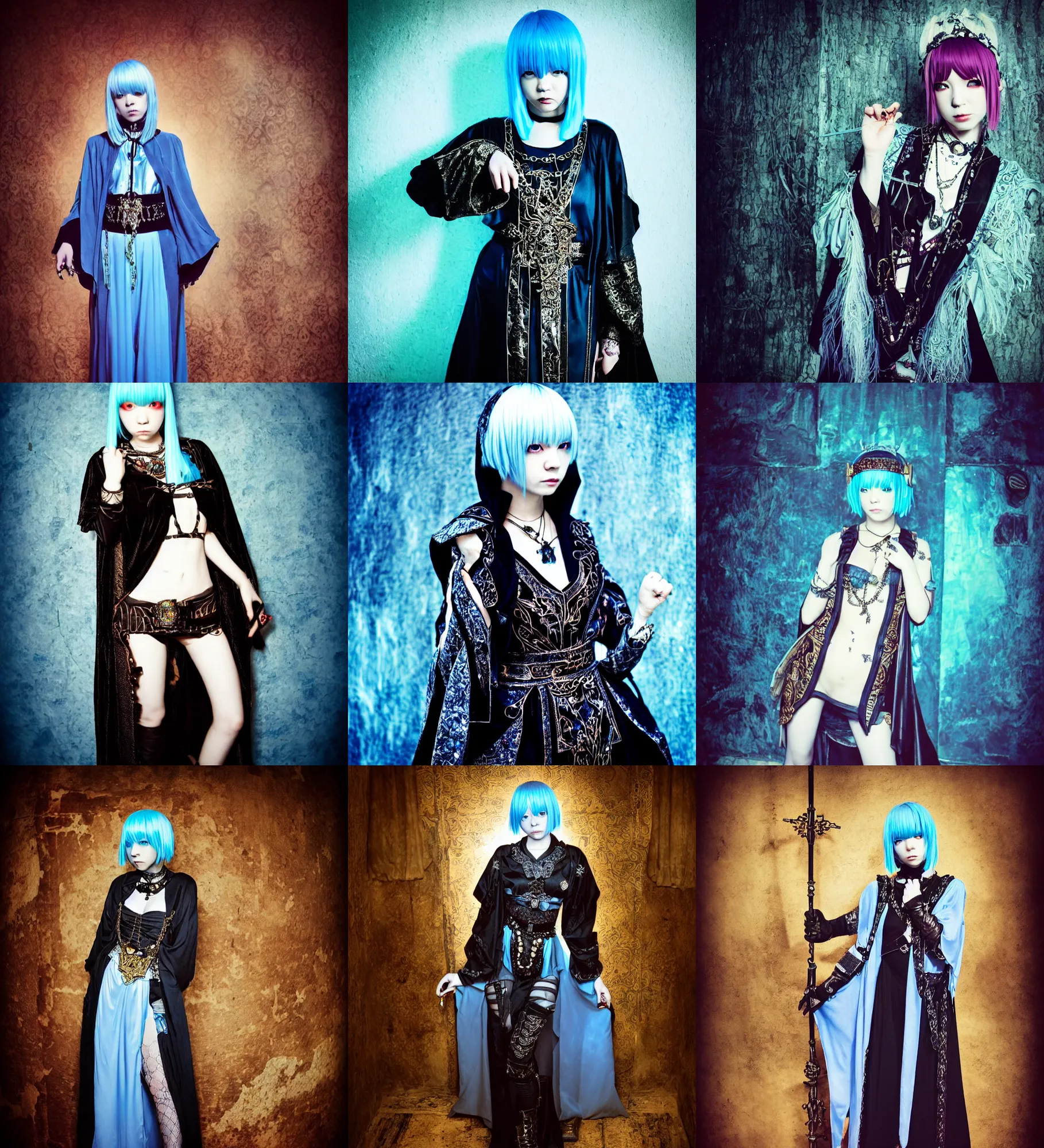 Prompt: lomography, full body portrait photo of women like reol from a distance as a warlock wearing ornate gems and black robe in a medieval fantasy tavern interior, moody, realistic, dynamic perspective pose, light blue filter, skin tinted a warm tone, hdr, rounded eyes, detailed facial features