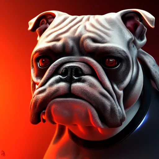 Image similar to « a cyborg bulldog sitting down, cyberpunk art by grillo demo, cgsociety, computer art, future tech, made of liquid metal, sketchfab »